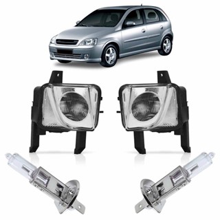 Kit Farol Milha Auxiliar + Lâmpada H3 Corsa 2003 2004 2005 2006 2007 2008 2009 2010 2011 2012 Lente Estriada Vidro