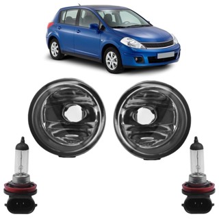 Kit Farol Milha Auxiliar + Lâmpada H8 Tiida 2007 2008 2009 2010 2011 2012 2013 Lente Lisa Vidro