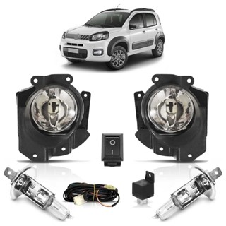 Kit Farol Milha Auxiliar Completo + Lâmpada H1 Uno Way 2010 2011 2012 2013 2014 2015 2016 Lente Lisa Vidro