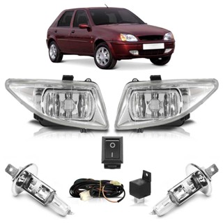 Kit Farol Milha Auxiliar Completo + Lâmpada H1 Fiesta 2000 2001 2002 Lente Lisa Vidro
