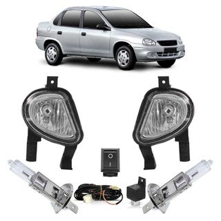 Kit Farol Milha Auxiliar Completo + Lâmpada H3 Corsa Classic 2003 2004 2005 2006 2006 2007 2008 2009 2010 Lente Lisa Vidro