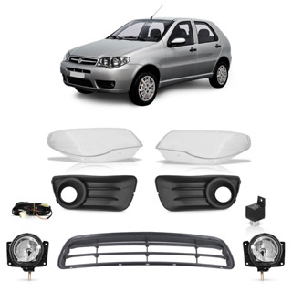 Kit Palio Economy 2011 2012 2013 2014 2015 2016 2017 Lente Farol Dianteiro + Kit Farol Milha Auxiliar + Grade Dianteira Cinza Lente Lisa Vidro