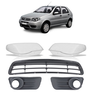 Kit Palio Economy 2011 2012 2013 2014 2015 2016 2017 Lente Farol Dianteiro + Moldura Grade Milha Com Furo para Milha + Grade Dianteira Cinza Lente Lisa Acrilico