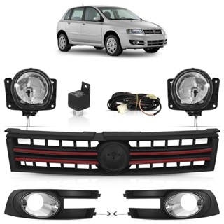 Kit Farol de Milha Stilo 2008 2009 2010 2011 Botão Universal + Grade Preto Com Friso Vermelho