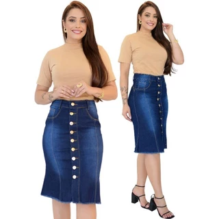 Saia Jeans Mìdi Evasê De Botões Com Elastano Cintura Alta Moda Evangélica