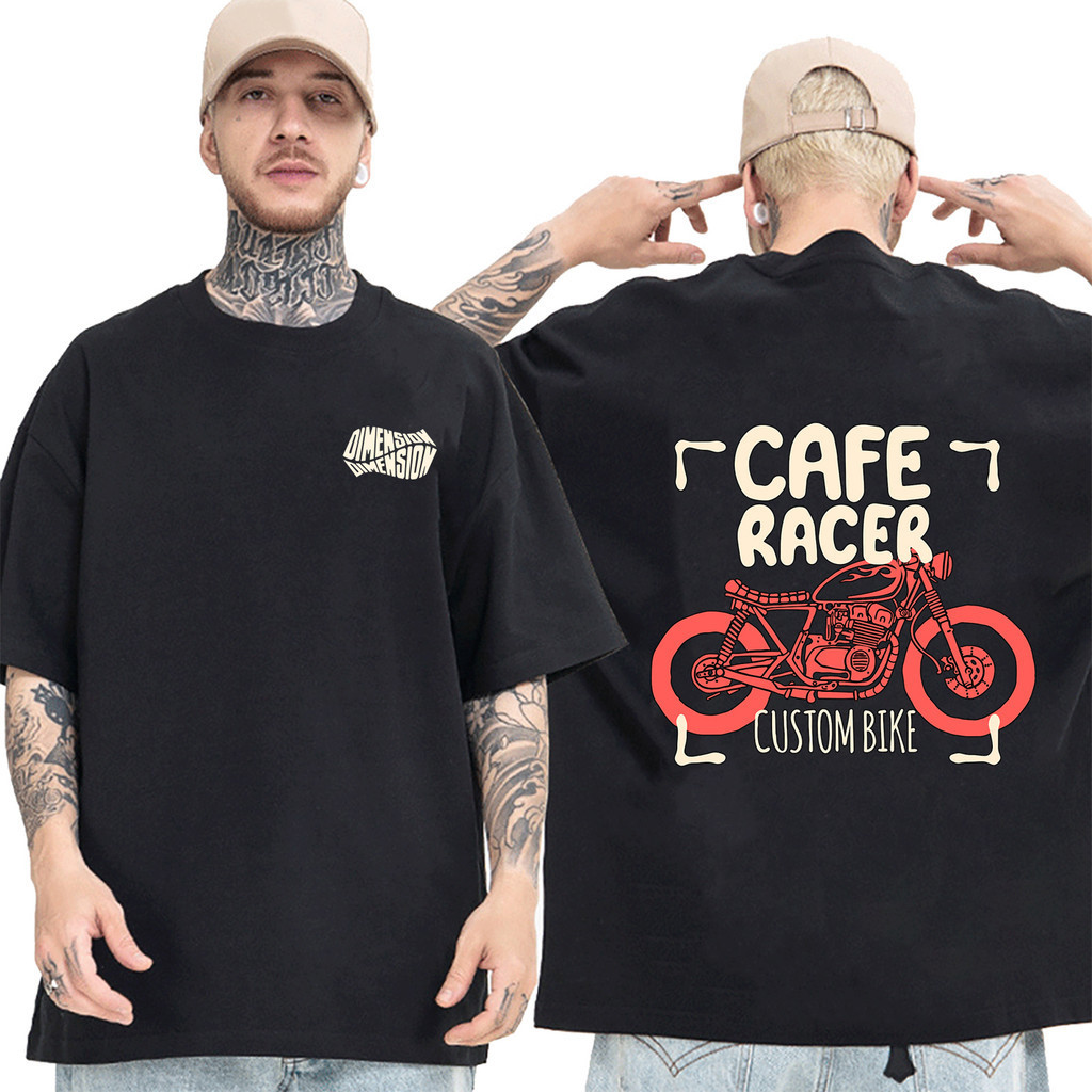 Camiseta masculina oversized preta de pano grosso Custom Bike Café Racer