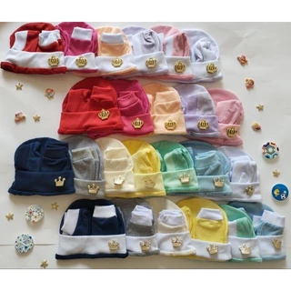 Touca luva sapatinho recém nascido kit 3 peças detalhe de coroa em Oferta na Shopee