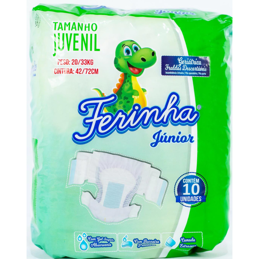 Fralda JUVENIL Descartável Ferinha Júnior de 20 a 33 kg com 10 unidades.