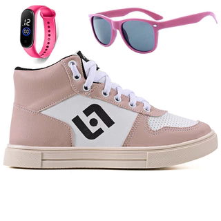 Tenis Infantil Meninas Botinha Cano Alto Escolar Casual Basico + Oculos Relogio