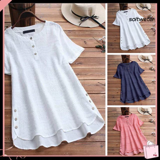 ST Camiseta Feminina Cor Sólida O Pescoço Oco Bordado Blusa De Verão Para Uso Diário