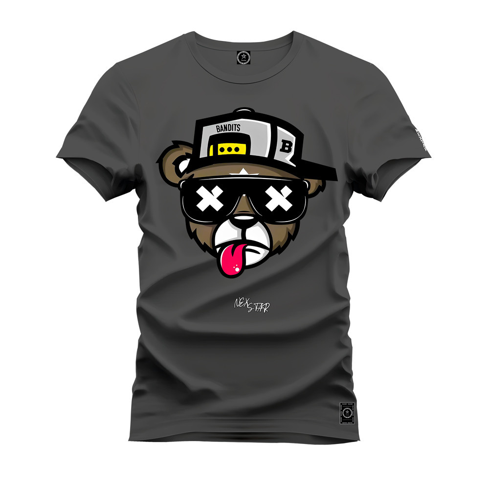 Camiseta Plus Size T-Shirt Confortável Estampada Urso Boné Bolado