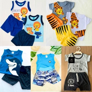 kit 6 peças roupa para bebê menino (3conjunto) 0 a 3 meses ou 3 a 6 meses - 3 camisas e 3 shorts - roupa de bebê masculina