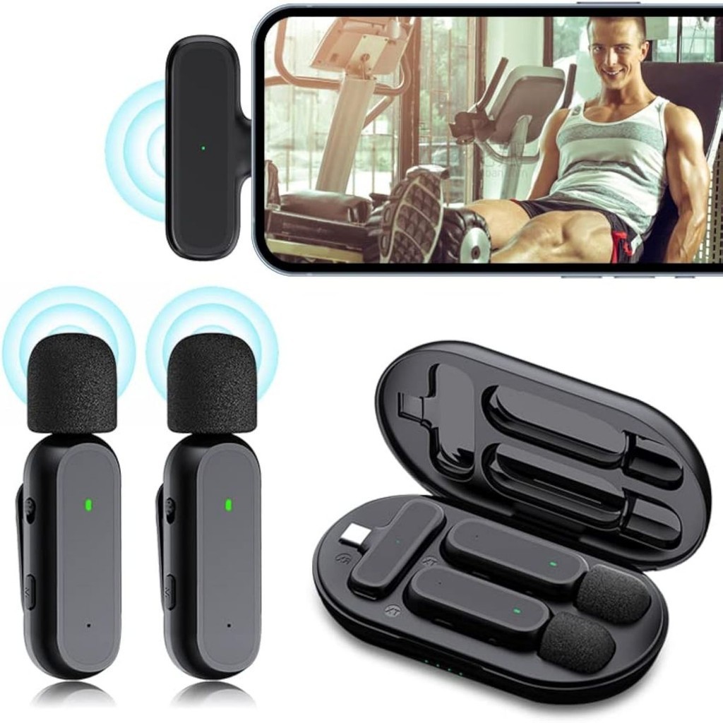 Microfone de lapela sem fio de latência ultrabaixa um para dois Para iPhone Tipo C Telefone，Adicionado estilo de caixa de carregamento portátil