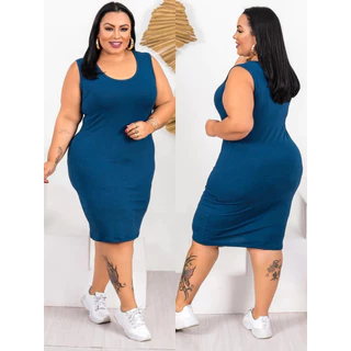 Vestido Midi Canelado Regata Plus Size Azul Petróleo Ímpeto Modas