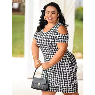 Vestido Midi Canelado Recorte Na Manga Plus Size Pied De Poule Ímpeto Modas