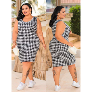 Vestido Midi Canelado Regata Plus Size Pied De Poule Ímpeto Modas
