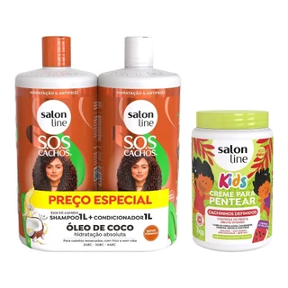 Kit Kids Creme de pentear 1 kg + Shampoo e Condicionador SOS Cachos Coco Salon line