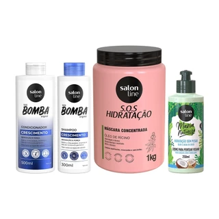 Kit com Shampoo e Condicionador SOS Bomba + Creme para Pentear Maria Natureza + Máscara SOS Hidratação Salon Line