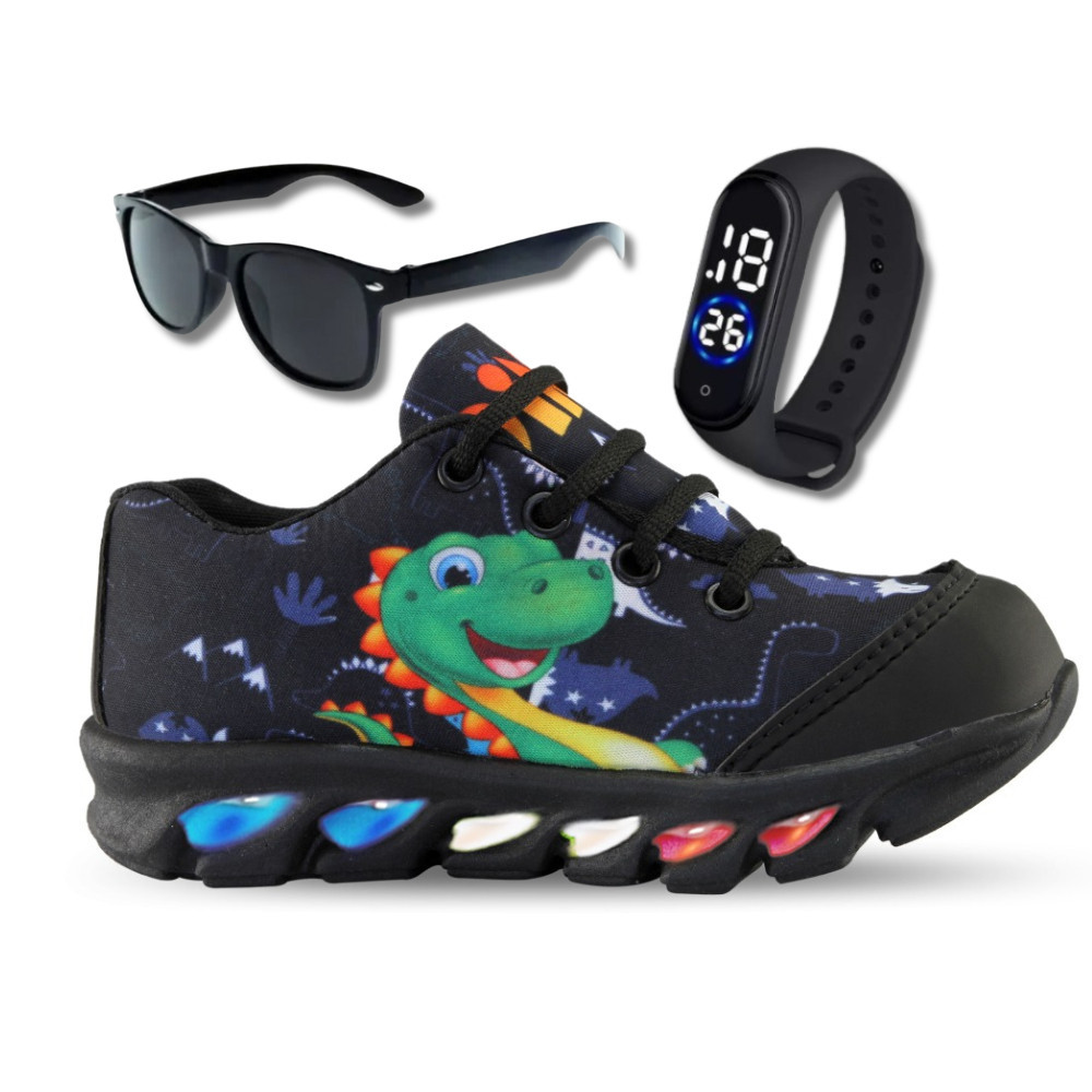 Tenis de led infantil masculino do dino mais relogio e oculos