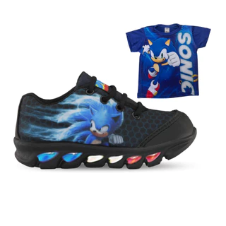 Tenis de led infantil masculino sonic mais camisa luzinhas com luz meninos