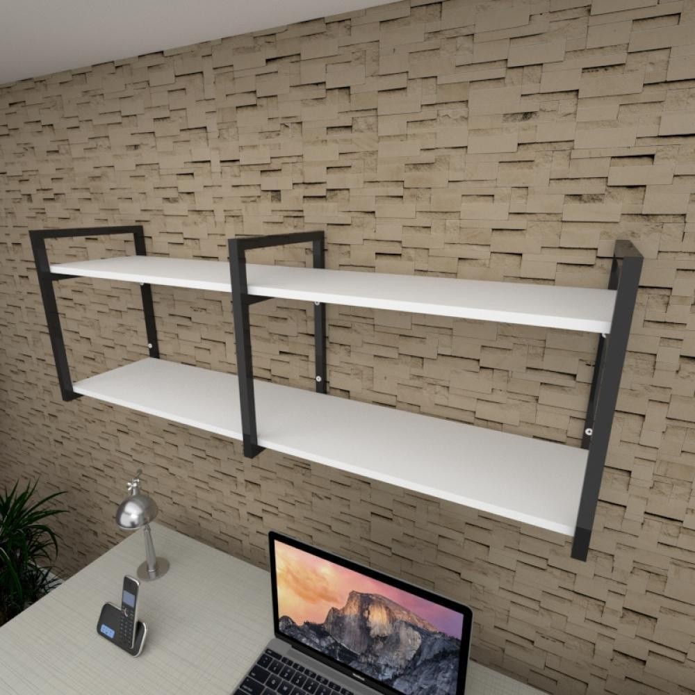Prateleira Industrial Escritório 120cm MDF Branco Aço Preto E-Nichos