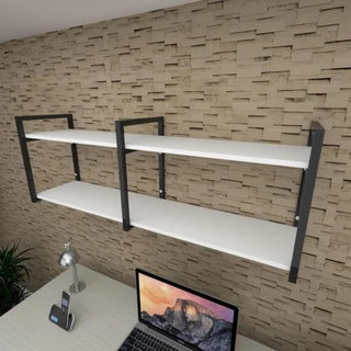 Prateleira Industrial Escritório 120cm MDF Branco Aço Preto E-Nichos