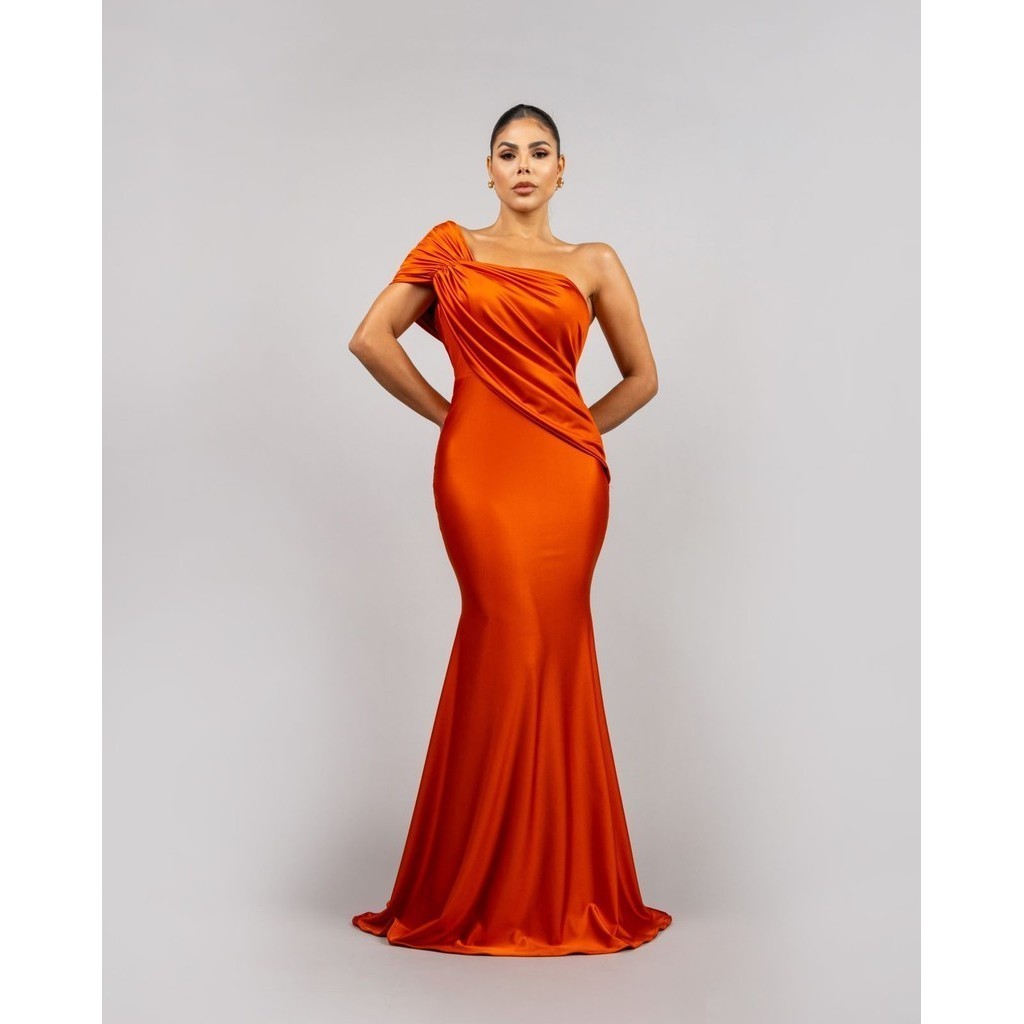 Vestido Juliana Laranja Queimado Trilobal Longo Festa