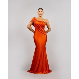 Vestido Juliana Laranja Queimado Trilobal Longo Festa
