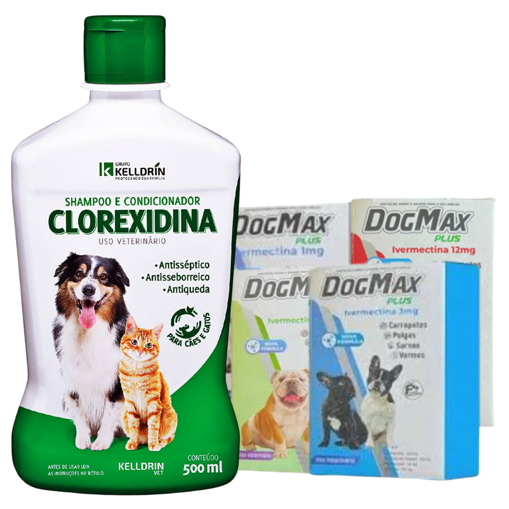 Shampoo Clorexidina + 12 comp antipulga até 5kg Dog Max