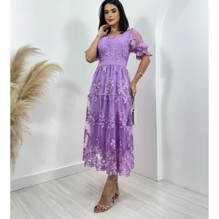 Vestido midi festa tule bordado manga curto 0115