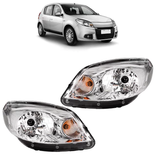 Par Farol Dianteiro Sandero 2012 2013 2014 Máscara Cromada Foco Simples Lente Lisa