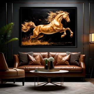 Quadro Decorativo 120x80cm O Cavalo Dourado Em Respingos De Tinta Sala Quarto Hall Casa Decoração De Parede Mdf Adesivo