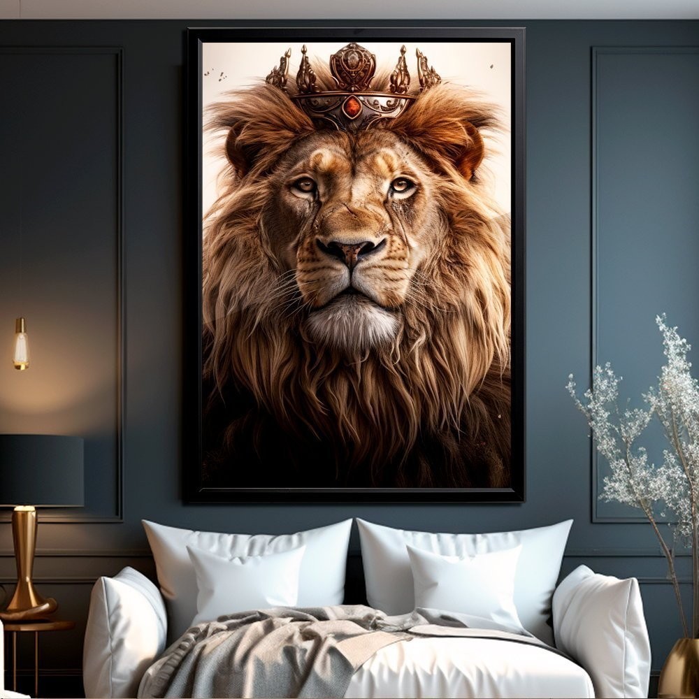Quadro Decorativo 120x80cm Leão de Judá Coroa Realista Sala Quarto Hall Casa Decoração De Parede Mdf Adesivo