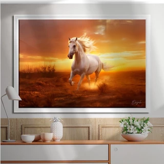 Quadro Decorativo 120x80cm de Cavalo Branco Correndo No Campo Por do Sol Haras Sala Quarto Hall Casa Decoração De Parede Mdf Adesivo