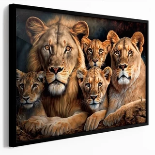 Quadro Decorativo 110x80cm Grande Hd Leão e Leoa 3 Filhotes Família Arte Realista Sala Quarto Hall Casa Decoração De Parede Mdf Adesivo