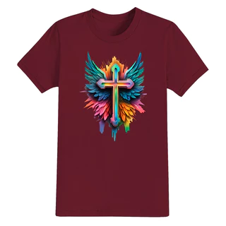 Camiseta Cristã Tecido Algodão Confortável Estampada Cruz Asas