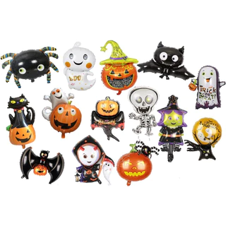 Kit C/ 14 Balão Metalizado Festa Halloween Centro De Mesa 32cm Dias dos Mortos Bruxa Esqueleto Abobora Morcego Aranha Fantasma Diabinha