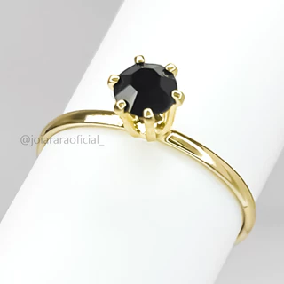 Anel Feminino Solitário de Pedra na Cor Preta Banhado a Ouro 18k