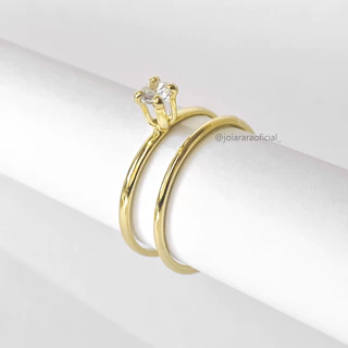 Kit com Dois Anéis Anel Solitário e Aliança Lisa Banhado a Ouro