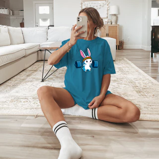 T-shirt Feminino Camisetão Algodão Estilo Rua Corte Reto Coelinho Gym