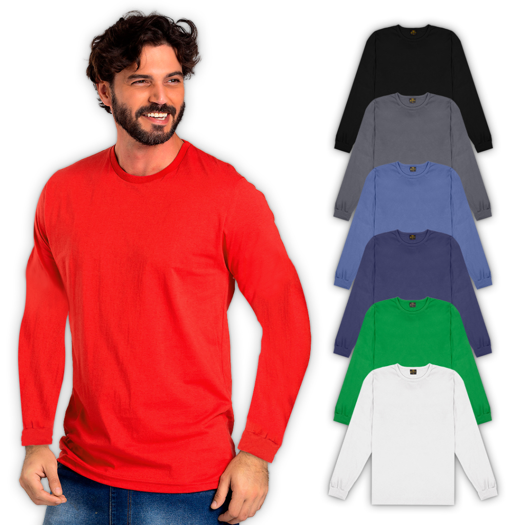 Kit 4 Camisetas Manga Longa 100% Algodão Masculina Lisa - Modelagem Moderna e Caimento Perfeito - Estilo Casual - Camiseta Preta - Camiseta Branca - Camiseta Azul - Camiseta Cinza - Camiseta Vermelho - Camiseta Verde