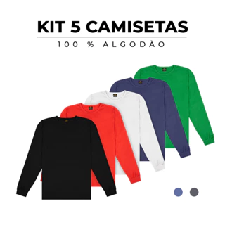 Kit 5 Camisetas Manga Longa 100% Algodão Masculina Lisa - Modelagem Moderna e Caimento Perfeito - Estilo Casual - Camiseta Preta - Camiseta Branca - Camiseta Azul - Camiseta Cinza - Camiseta Vermelho - Camiseta Verde