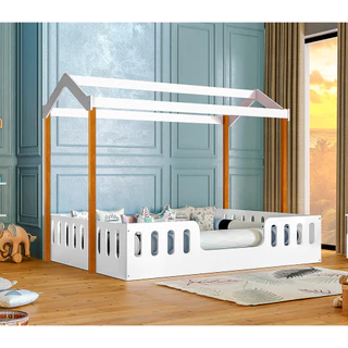 Cama Casal Infantil Casinha Segura Montessoriana Ágatha - Branco/mel