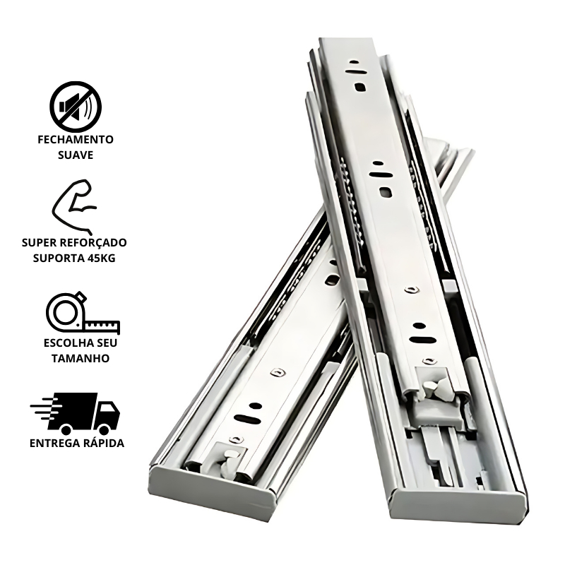 Trilho Gaveta Corrediça Com Amortecedor Soft Closing 45kg - Fechamento Suave - Varios Tamanhos