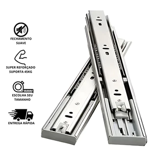 Trilho Gaveta Corrediça Com Amortecedor Soft Closing 45kg - Fechamento Suave - Varios Tamanhos