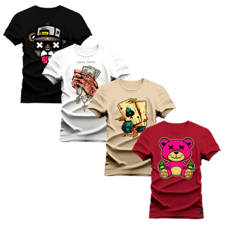 Kit 4 Camisetas Plus Size Plus Size Blusas Estampadas 100% Algodão Moda Street Urso Boné Entre Outras