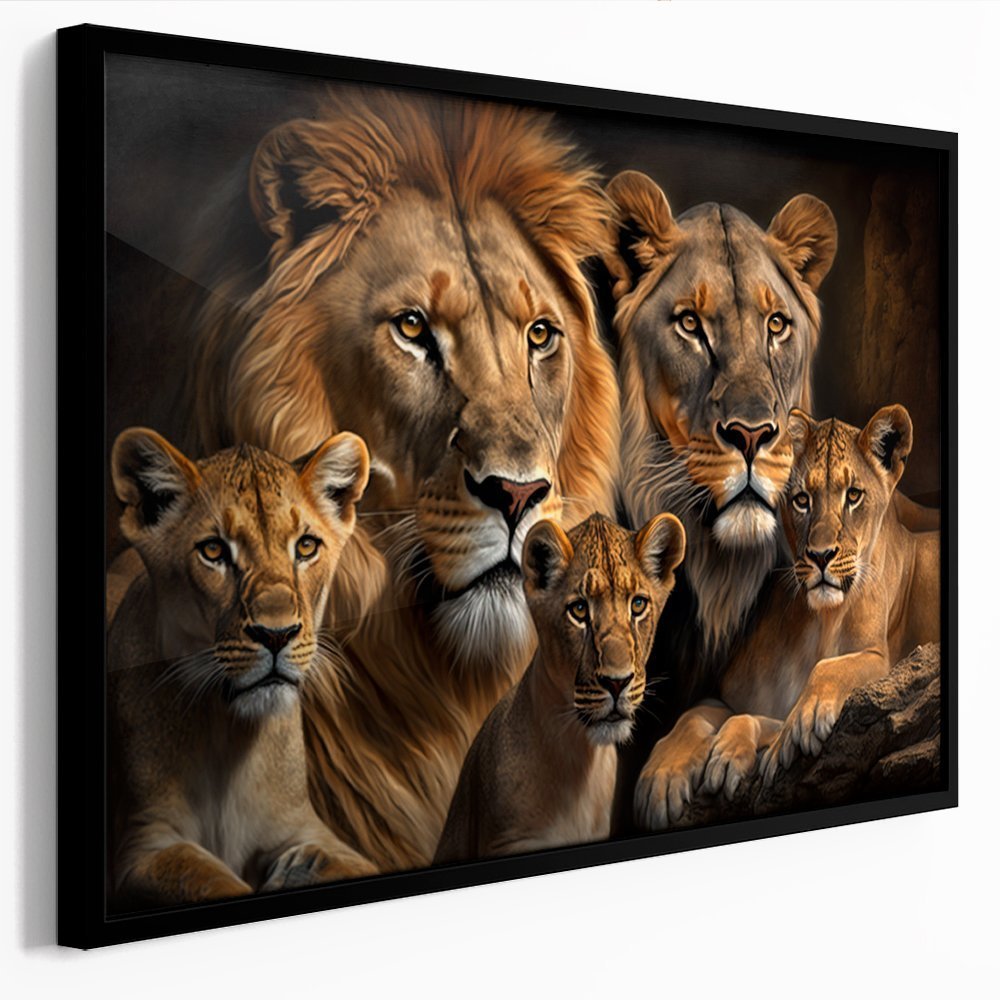 Quadro Decorativo 110x80cm Leão e Leoa 3 Filhotes Família Arte Realista Sala Quarto Hall Casa Decora