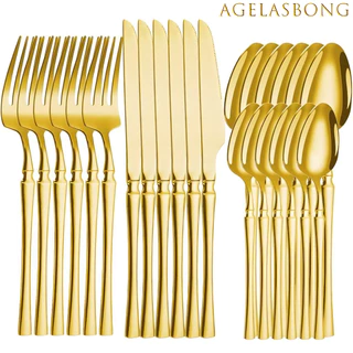 24 Peças Talheres Dourado de Aço Inox Garfo Colher Faca Colher De Mesa