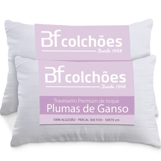Kit 2 Travesseiros Fibras Toque Pluma de Ganso 100% Algodão 300 Fios Premium 50x70cm - BF Colchões