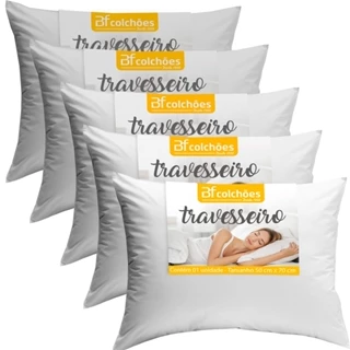 Kit 5 Travesseiros Macio de Fibras Siliconadas Lavável Toque Suave 50x70cm BF Colchões